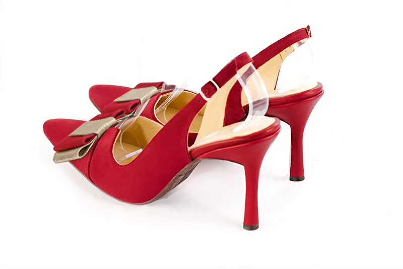 Cardinal red and gold women's open back shoes, with a knot. Tapered toe. Very high spool heels. Rear view - Florence KOOIJMAN